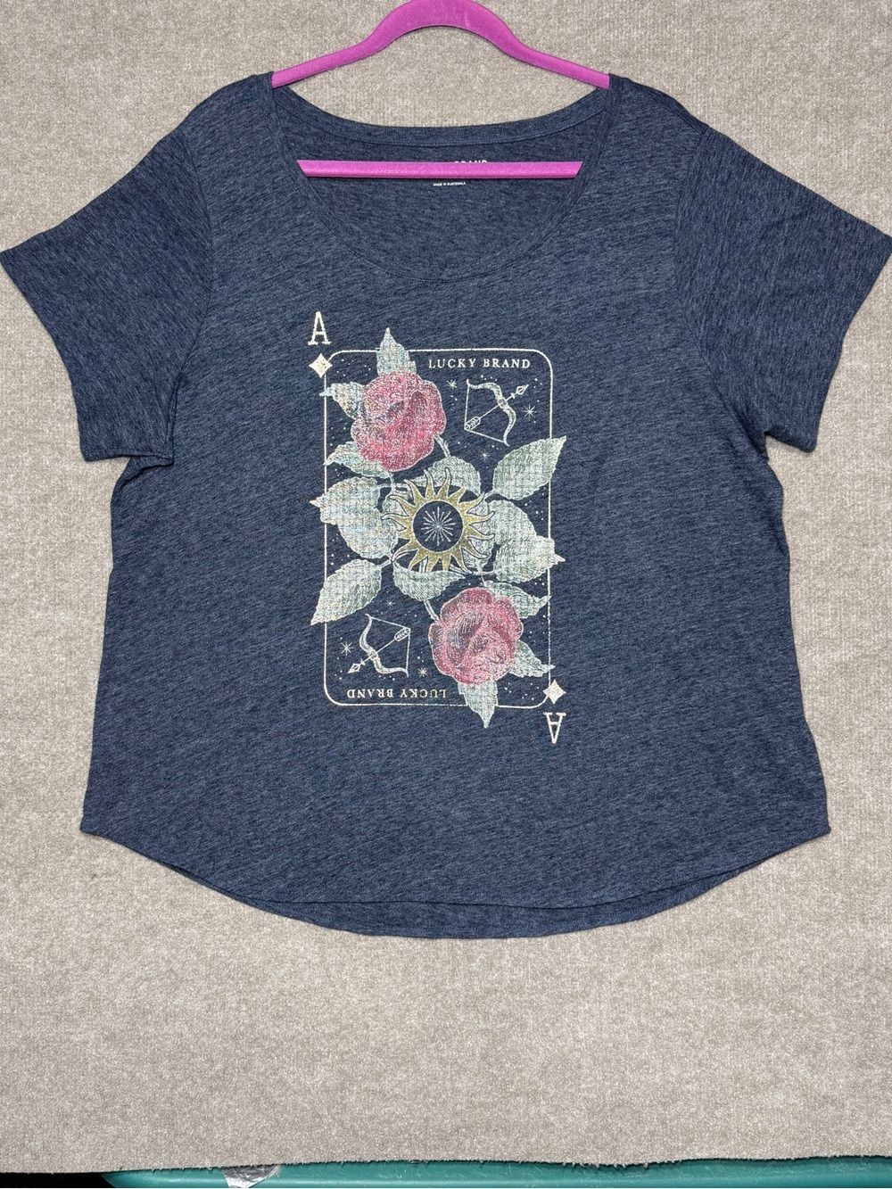 Lucky Brand Navy Graphic Shirt Ace Roses Tarot-Style Card Casual 2X Celestial